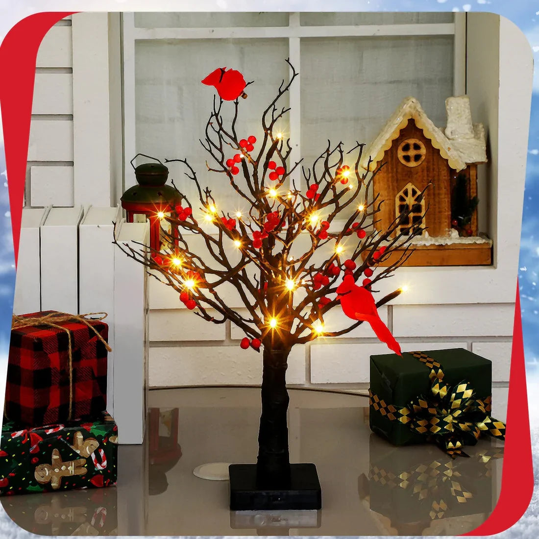 🎄Mini árvore de Natal iluminada com LED e frutinhas vermelhas