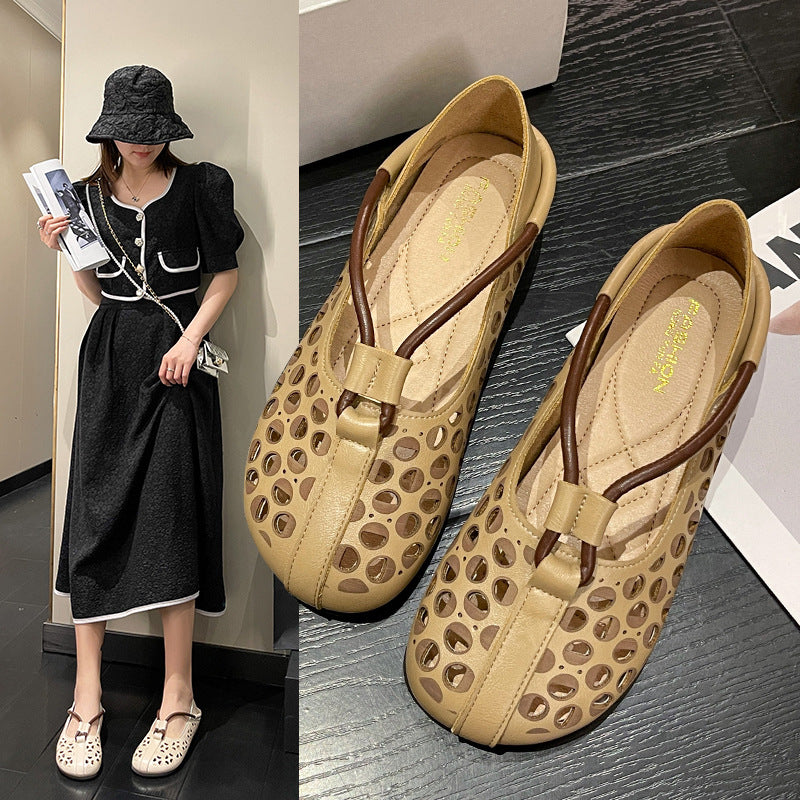 Eakson - Sapatos retro de couro macio vazado para mulher