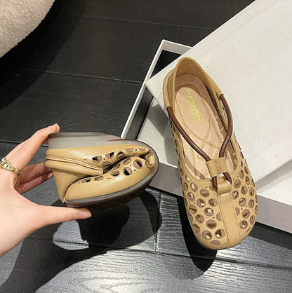 Eakson - Sapatos retro de couro macio vazado para mulher